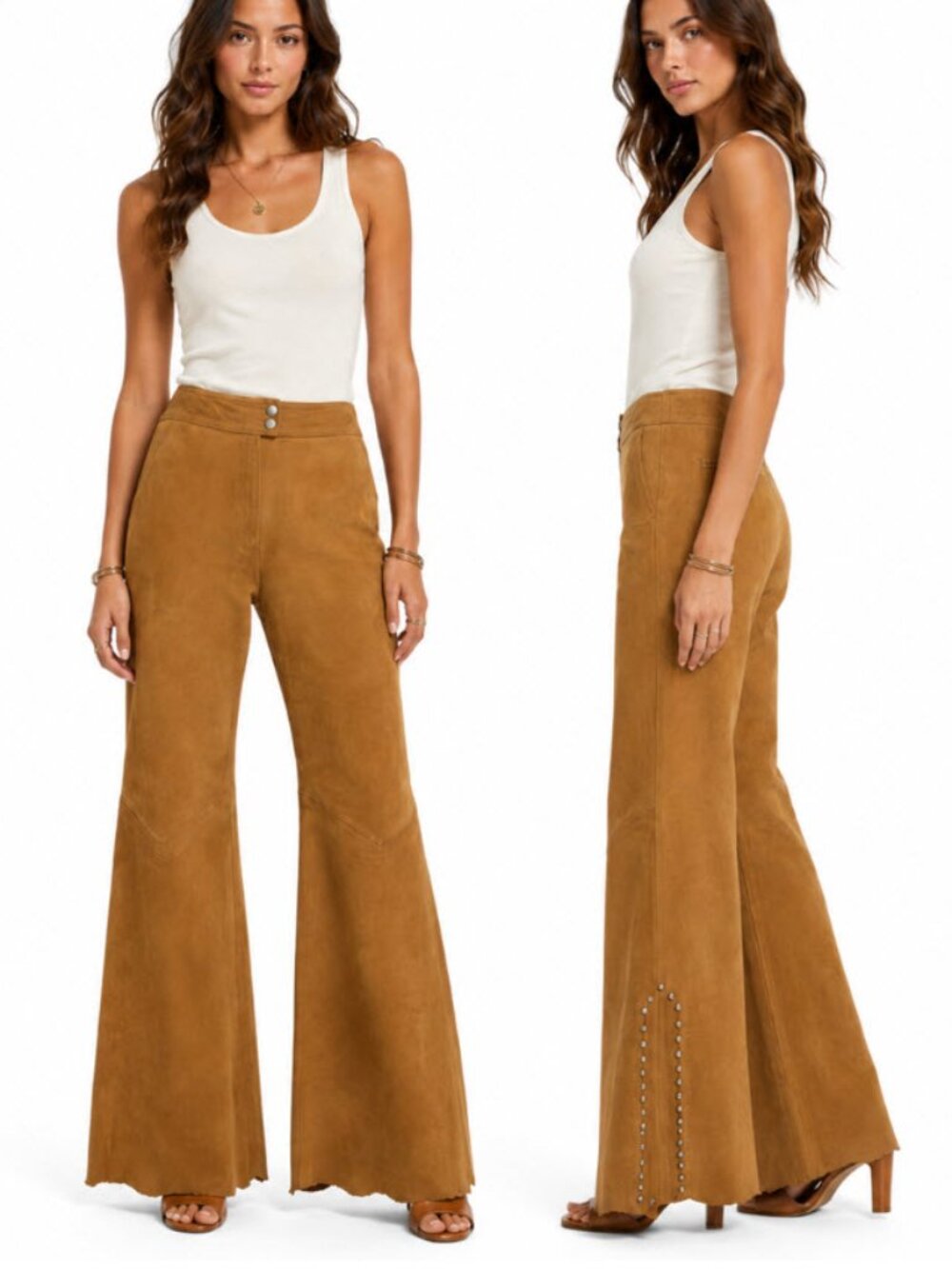 Vintage Suede Flared Pants High Rise Double Button Light Brown Boho small medium
